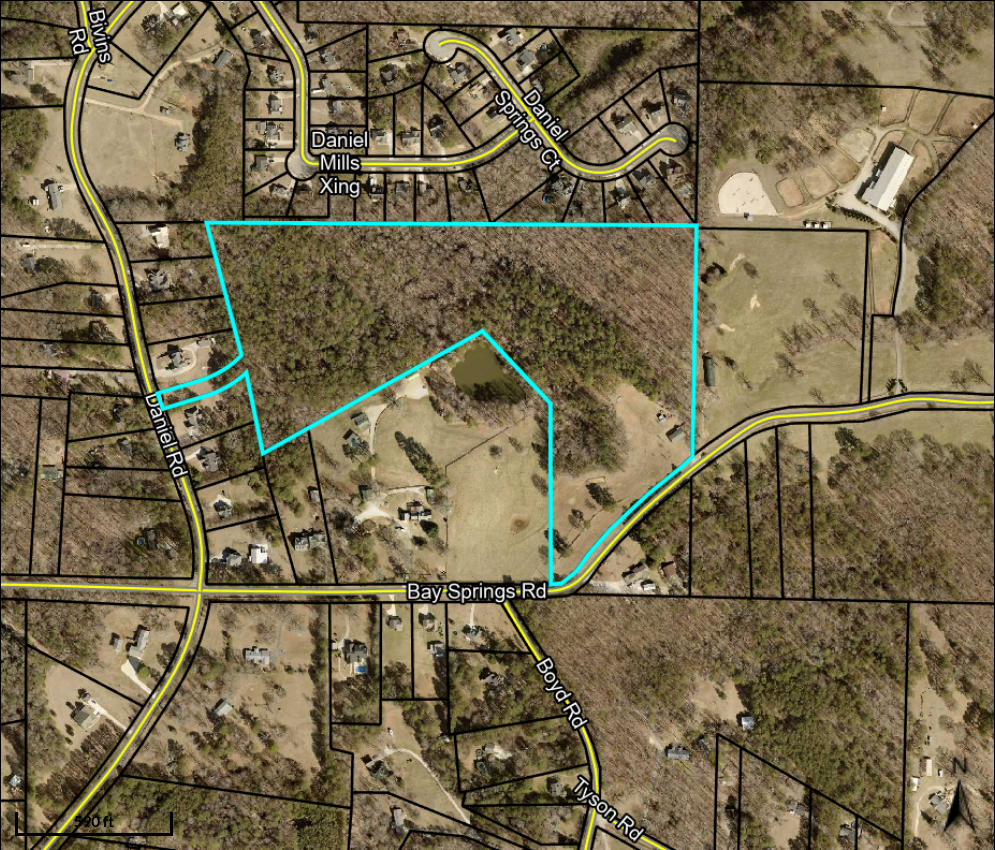 Aerial view of 614 Bay Springs Road with approximate parcel boundaries; not a survey.