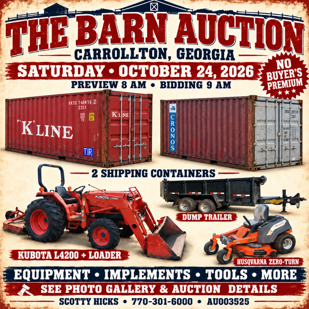 The Barn Auction – Kubota Tractor, Dump Trailer, Equipment, Tools & More